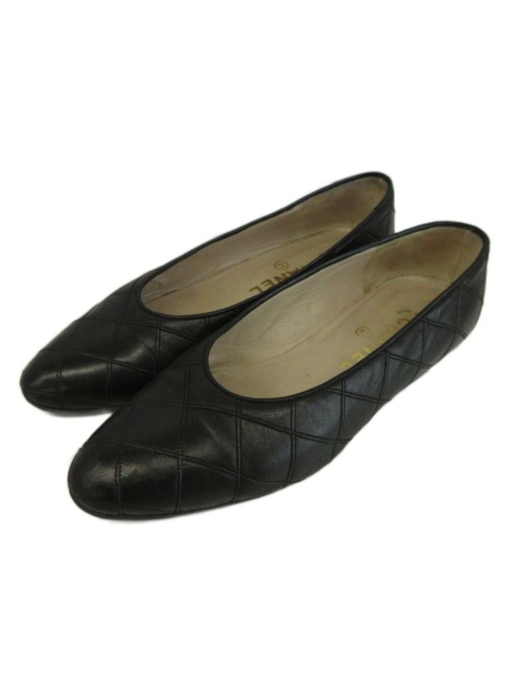 Chanel Quilted Leather Pumps Flat Shoes Almond Toe Black